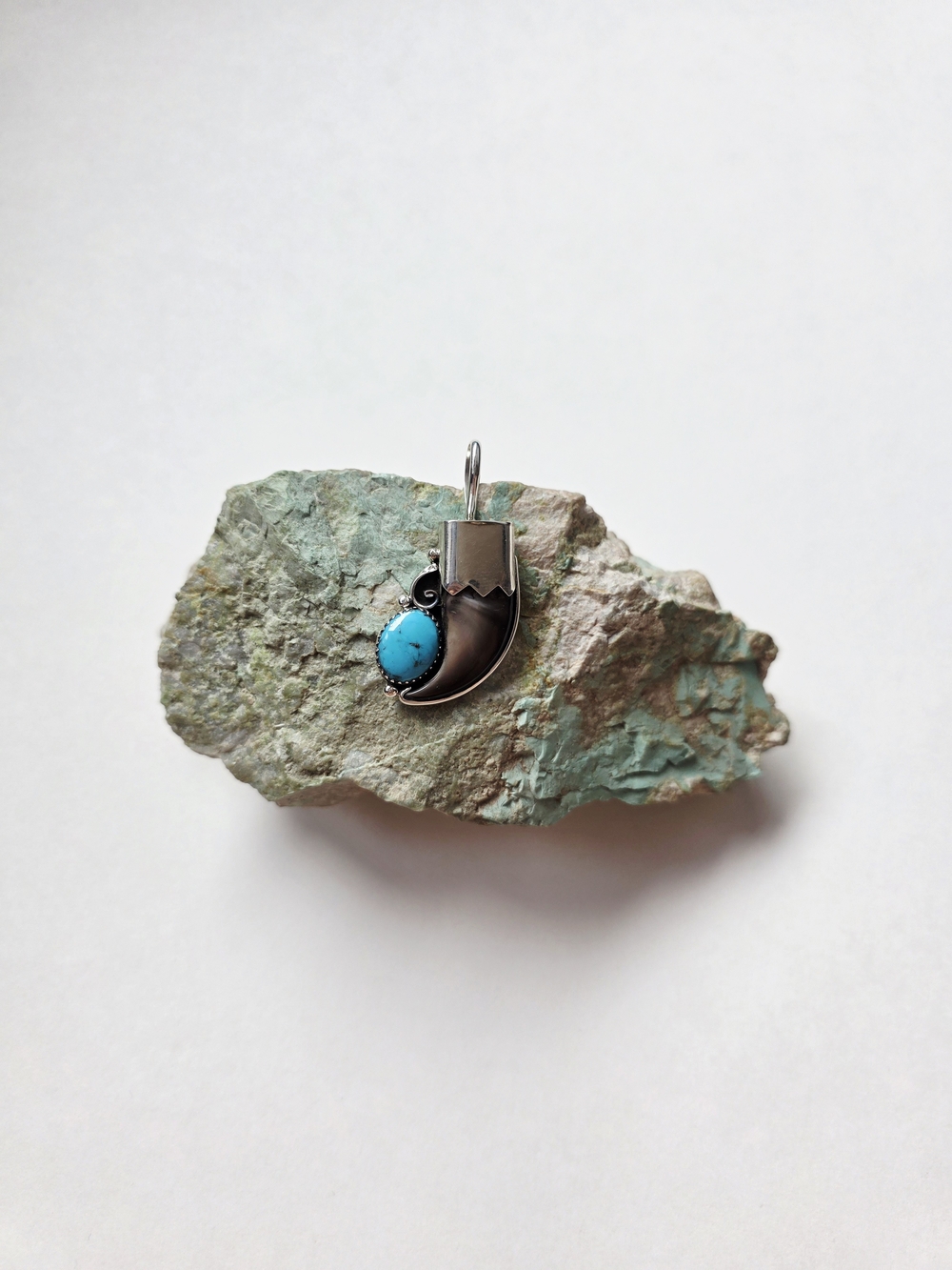 Silver Crescent Pendant with Turquoise Stone Bear Claw Native American Handmade